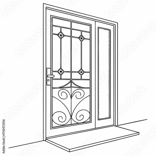 Ornate wrought iron security door with decorative scrollwork and glass panel on a white background