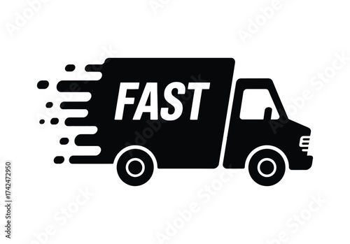 Black silhouette of a delivery truck with the word fast in large white letters indicating speed