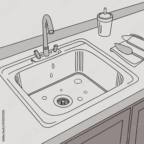 Simple line drawing illustration of a kitchen sink with a dripping faucet and a dish rack with a knife