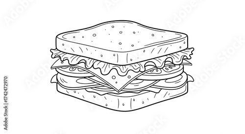 Line Drawing of a Classic Sandwich with Lettuce Cheese and Meats on White Background