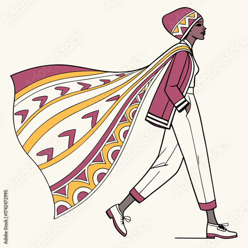 Stylish woman in modern attire with flowing patterned cape walks confidently forward