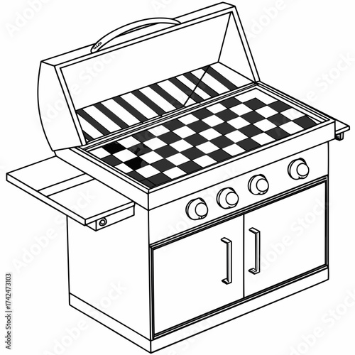Stylized line art illustration of a modern outdoor barbecue grill with an open lid showing checkered cooking grates