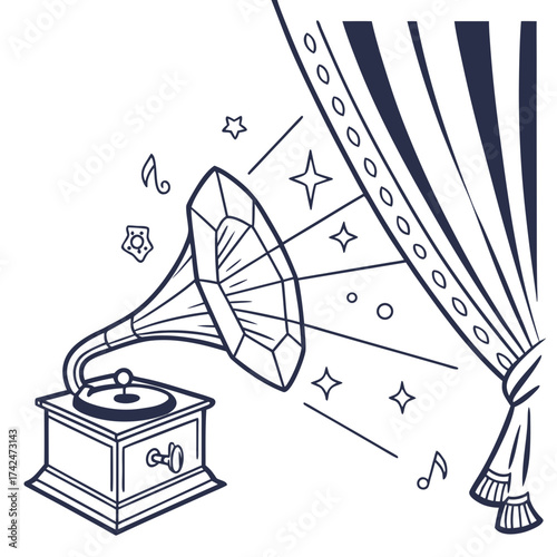 Vintage gramophone playing music with sparkles and a dramatic stage curtain in a whimsical line art style