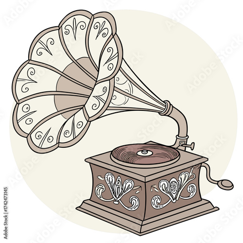Vintage gramophone with ornate detailing and decorative horn on a light background