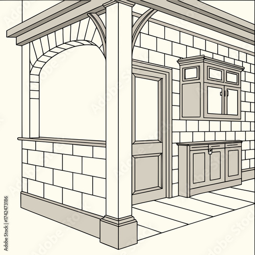 Architectural illustration of a porch with an arched opening a door and built in cabinets