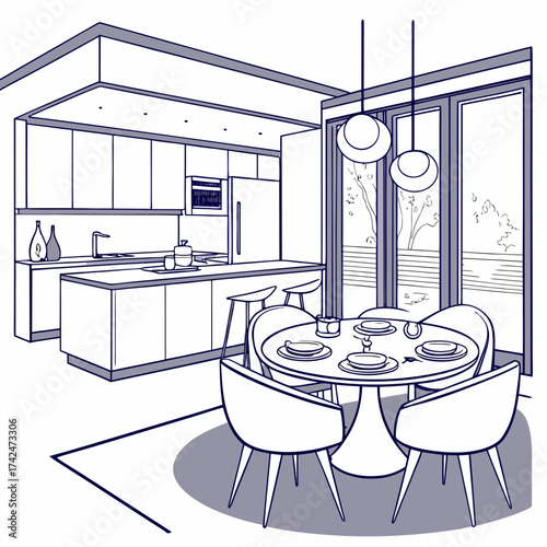 Modern open plan kitchen and dining area with island dining table chairs and large windows
