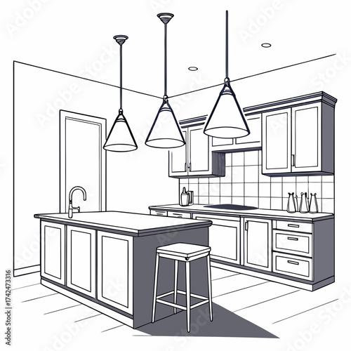 Modern kitchen island with pendant lights and cabinetry in a clean line art illustration