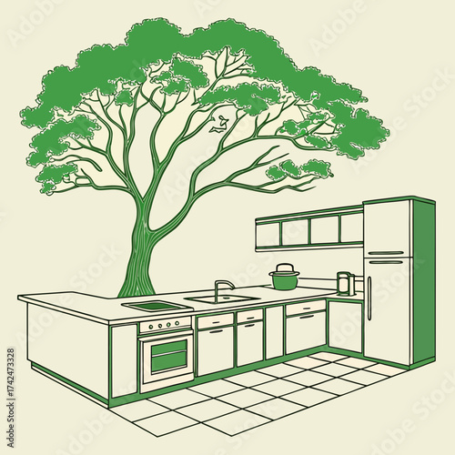 Surreal illustration of a large green tree growing through a modern kitchen counter and cabinets
