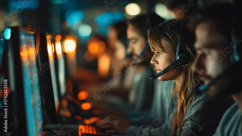 Call center employees wearing headsets, working diligently in a dimly lit office environment.