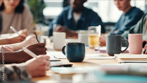 Diverse team members collaborate around a table, sharing ideas and working together.
