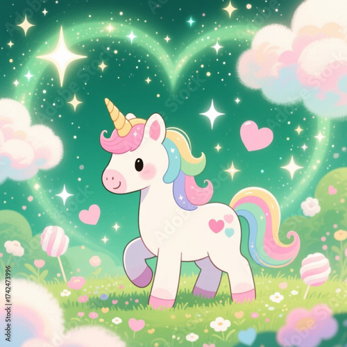 A cute kawaii unicorn drifts through candy-colored clouds, where starlight sparkles softly and every heartbeat hums with gentle magic
