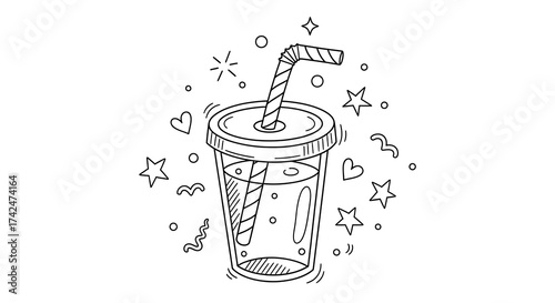 Simple Black and White Illustration of a Drinking Glass with Straw Surrounded by Confetti and Stars