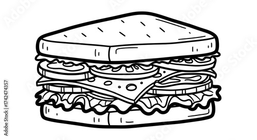 Simple Black and White Illustration of a Sandwich with Lettuce Tomato and Cheese