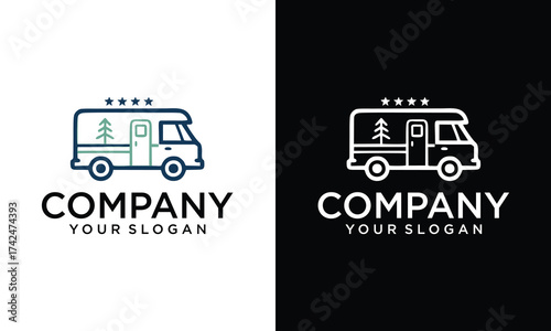 Creative Camper Van Caravan Mobile Car Vehicle Silhouette with Pine Spruce Tree for Forest Camp Adventure Trip Logo Design