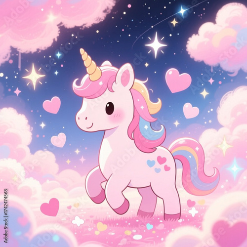 A cute kawaii unicorn drifts through candy-colored clouds, where starlight sparkles softly and every heartbeat hums with gentle magic