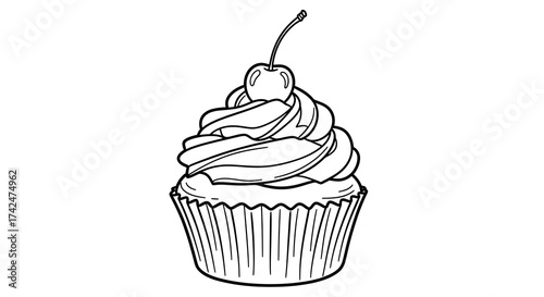 Simple Black and White Line Drawing of Cupcake with Cherry on Top