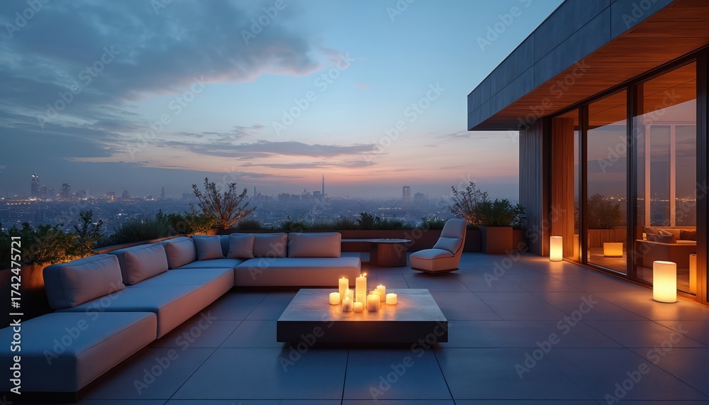 Fototapeta premium Modern rooftop terrace with city view at dusk. Comfortable sectional sofa, armchair, coffee table with candles create elegant outdoor living space. City lights twinkle in background under twilight