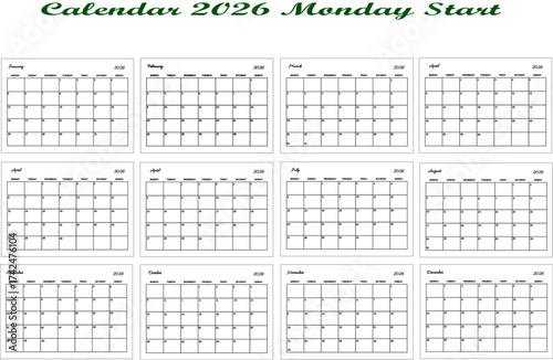 Minimal Calendar 2026 monday Start for Appointment record, Work or study scheduleม financial planning, list to do