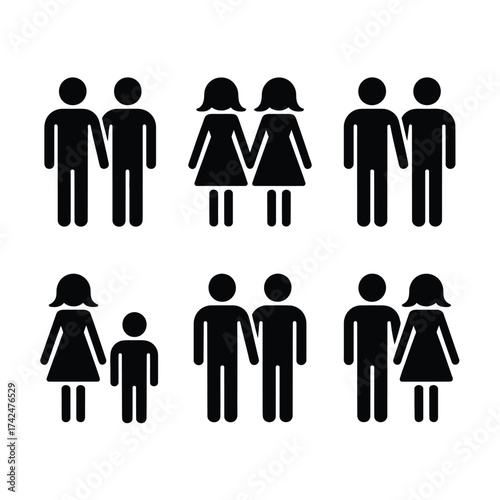 Set of six minimalist black and white human figure icons representing relationships and families vector illustration silhouette vector illustration white background