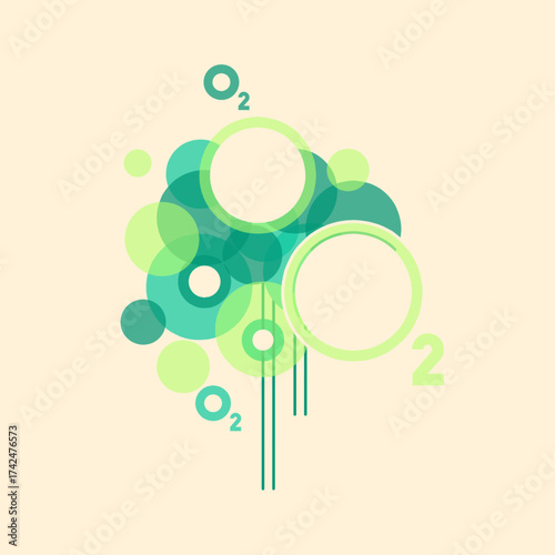 Abstract illustration of a tree formed by green circles with O₂ symbols, representing oxygen production, clean air, and the importance of nature in sustaining life.