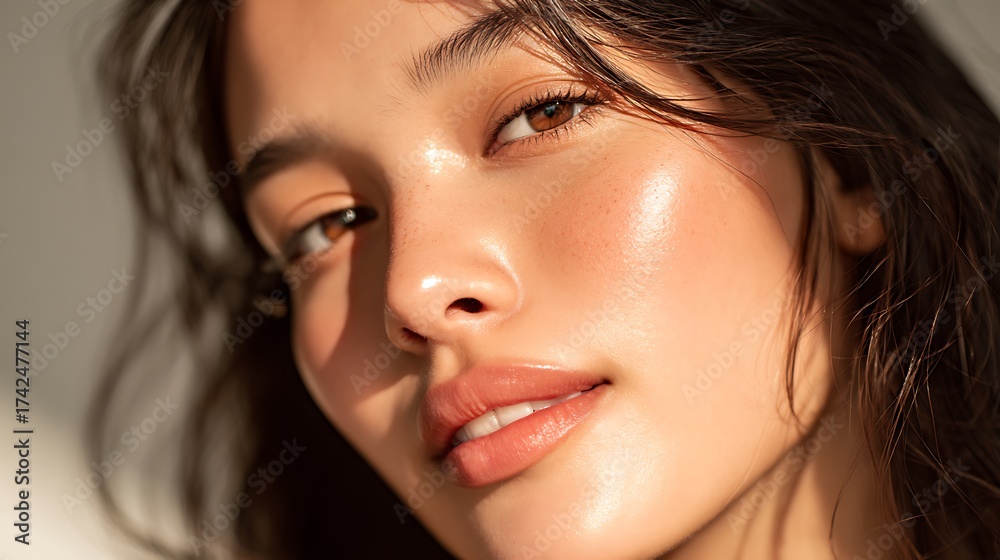 Obraz premium Radiant young woman with glowing skin illuminated by warm sunlight, exuding natural beauty and serenity.