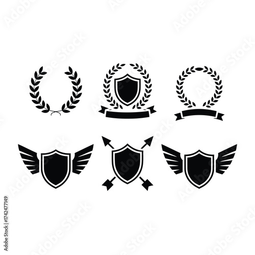 Set of six black and white heraldic emblems vector graphics for illustrative and design projects silhouette vector illustration white background