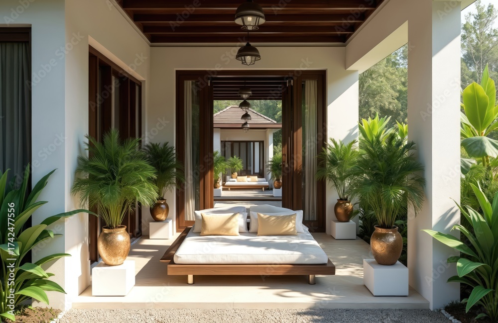 Obraz premium Luxury resort hotel entrance with modern exterior design, green plants. Daybed with white mattress, pillows under covered corridor. Wooden ceiling, pendant lamps. Potted plants on white pedestals.