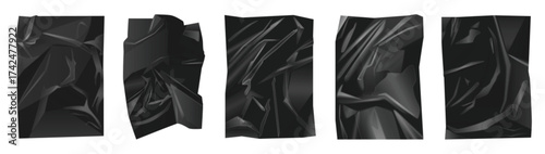 Realistic black crumpled polyethylene film textures perfect for backgrounds, packaging, or design projects, offering a modern plastic effect isolated on white background vector illustration