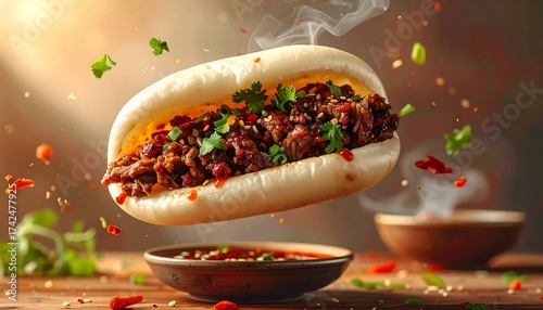 Flying half-bite bakpao with meat filling visible, dipping sauce bowl floating separated 