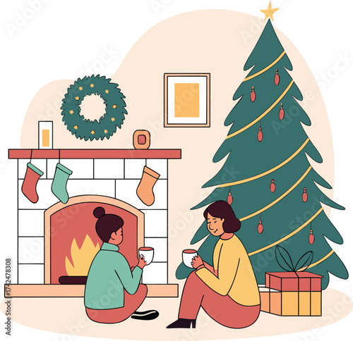 cozy christmas scene with fireplace stockings tree and two people holding cups