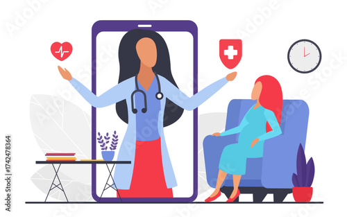 Doctor consultation for pregnant patient, telemedicine healthcare technology vector illustration. Cartoon woman medical worker character consultating via phone, advising woman on pregnancy problem