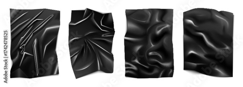 Realistic crumpled black latex sheets with glossy texture perfect for backgrounds, design projects, or fashion mockups high contrast and modern style vector illustration
