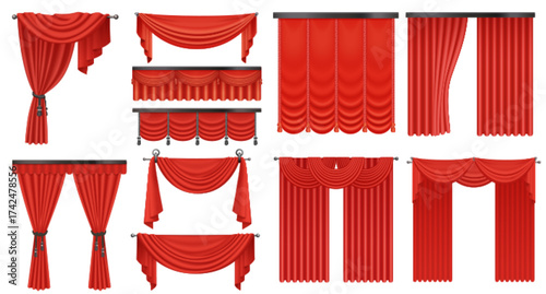 Red luxury curtains set vector illustration. Realistic 3d open and closed silk, velvet or satin classic curtains drape, hanging cloth for drapery of window, interior decoration background