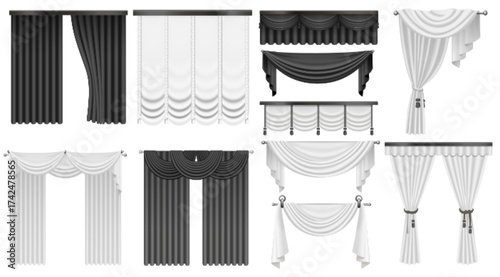 Black and white curtains set vector illustration. Realistic 3d open and closed silk, velvet or satin classic curtains drape, luxury hanging cloth for drapery of window, interior decoration background