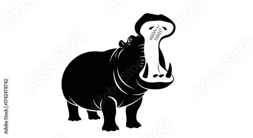 Silhouette of a Hippopotamus with Open Mouth, Black and White.