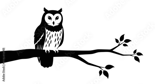 Black and white graphic illustration of an owl on a branch.