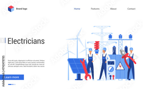 Professional electricians working with solar panels, wind turbines, and electrical tools for repair, maintenance, and energy solutions on isolated on white background vector illustration