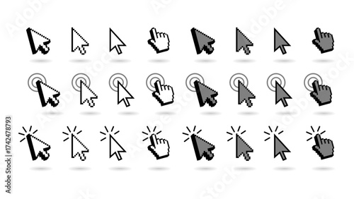 Computer cursor and hand pointer icon set. Collection of pixel, outline, and flat style mouse arrow icons with click and pointer symbols.