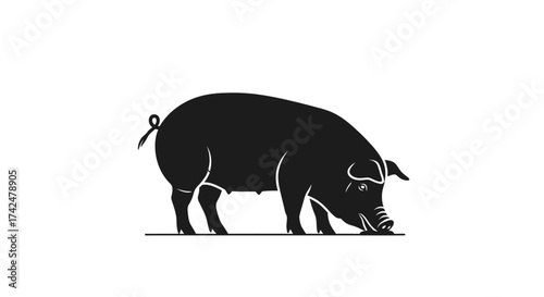 Black pig silhouette foraging on the ground, detailed illustration, simple design.