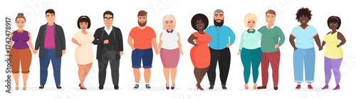 Cartoon happy smiling plus size people couples. Man and woman together in love. Curvy, overweight fat people in casual dress clothes vector illustration.