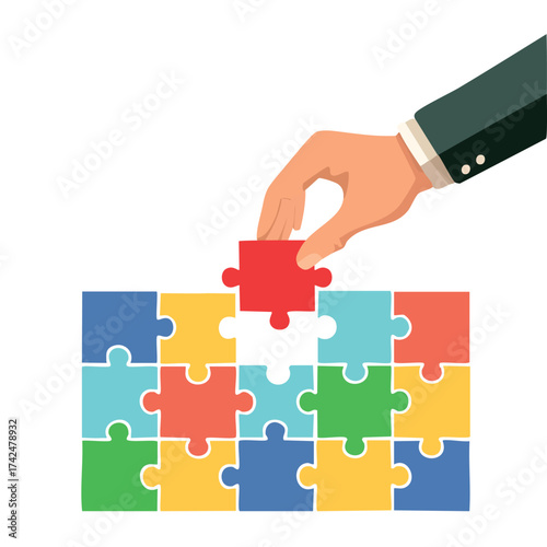 man's hands putting together a puzzle. vector illustration element describing problem solving, focus, challenge and perfection in handling business. 