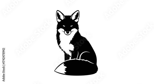 Black and white illustration of a sitting fox with a bushy tail.