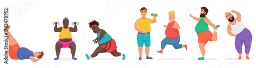 Funny cute chubby fat man characters set doing gym workout exercises. Sport fitness big people vector illustration