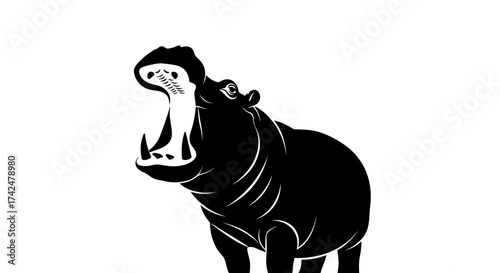 A striking black silhouette of a hippopotamus with its mouth wide open.