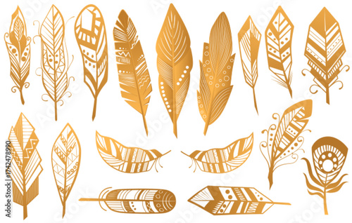 Golden Luxury Tribal Feathers set. Gold boho ethnic collection isolated