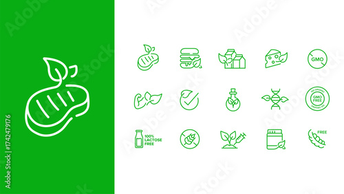 Healthy food and organic products thin line icon set. Collection of outline eco symbols including GMO free, lactose free, organic products, natural ingredients, vegan food, and plant-based nutrition. 