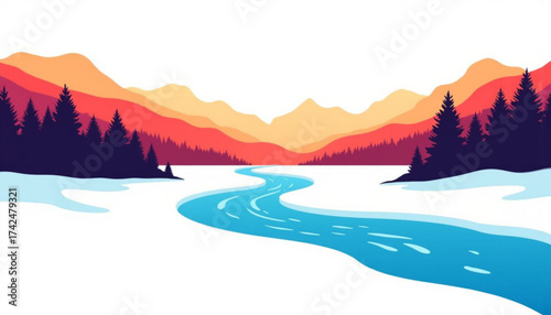 Frozen river flowing through snowy landscape with mountains in winter  