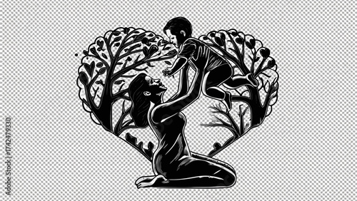 Cherished moments Mother's love joyfully shared as she holds her child within a heart shaped tree