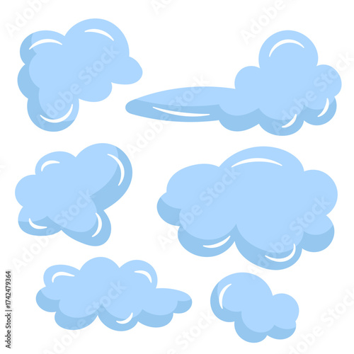 Clouds Flat Blue Collection.Set of Simple Sky Cartoon Elements Vector Illustration.