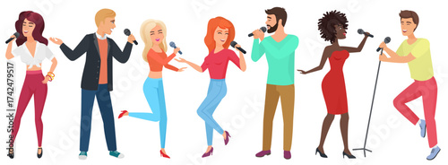Young people stars with microphones singing and dancing. Girls and guys have fun in karaoke club vector illustration